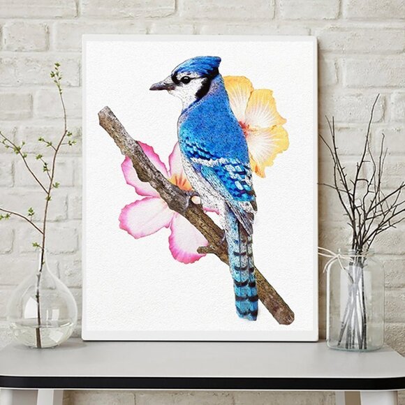 11x14 Blue‎ Jay Bird Watercolor Oil Painting Art Print - Picture 3 of 5